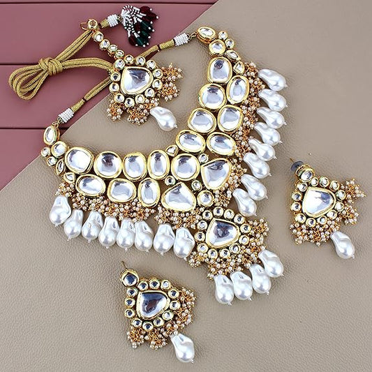 Tehzeeb Creations Meenakari Gold-Polished White color pentagon shape Uncut Kundan Combo Necklace Set - Swadesiicart