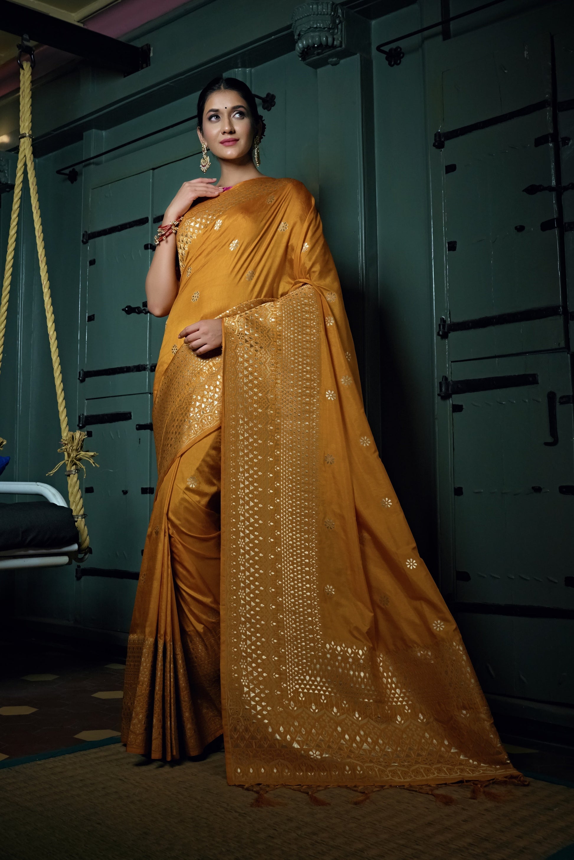 Vardha Mustard Yellow Golden Zari Banarasi Silk Saree | Swadesiicart