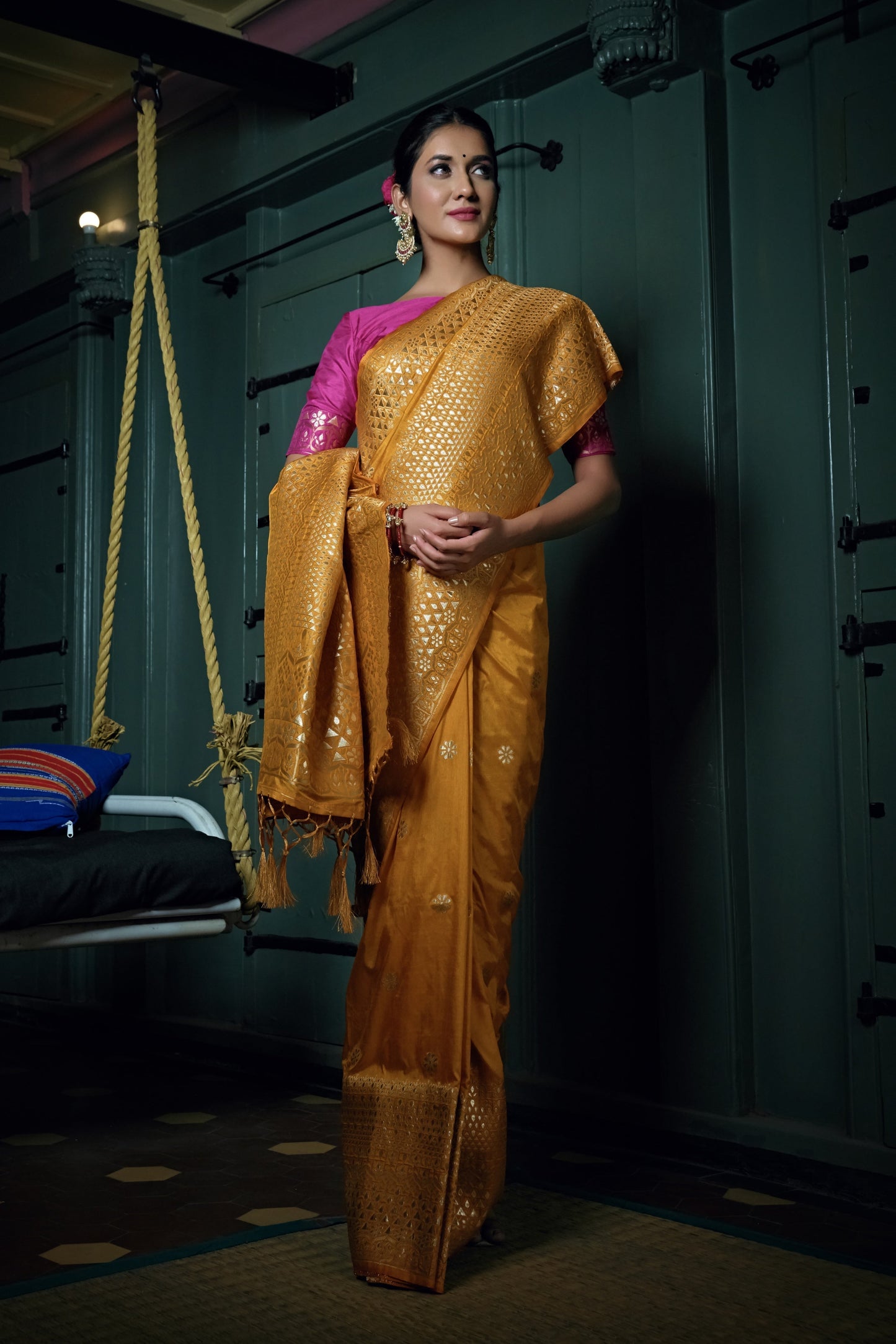 Vardha Mustard Yellow Golden Zari Banarasi Silk Saree | Swadesiicart