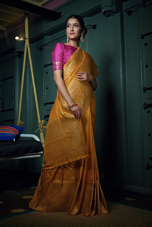 Vardha Mustard Yellow Golden Zari Banarasi Silk Saree | Swadesiicart