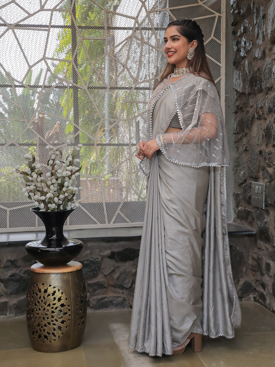 Tikhi Imli Embellished Border Sequinned Saree With Cape | Swadesiicart