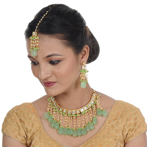 Tehzeeb Creations Back Meenakari Gold-Polished Square Shape Tika Earring Jewellery Set Uncut Kundan Big Faux Kundan Dibbi Kundan Choker Necklace Set | Swadesiicart