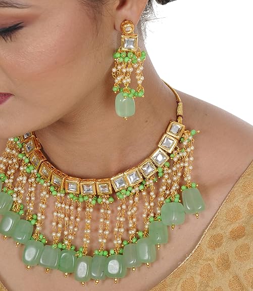 Tehzeeb Creations Back Meenakari Gold-Polished Square Shape Tika Earring Jewellery Set Uncut Kundan Big Faux Kundan Dibbi Kundan Choker Necklace Set | Swadesiicart