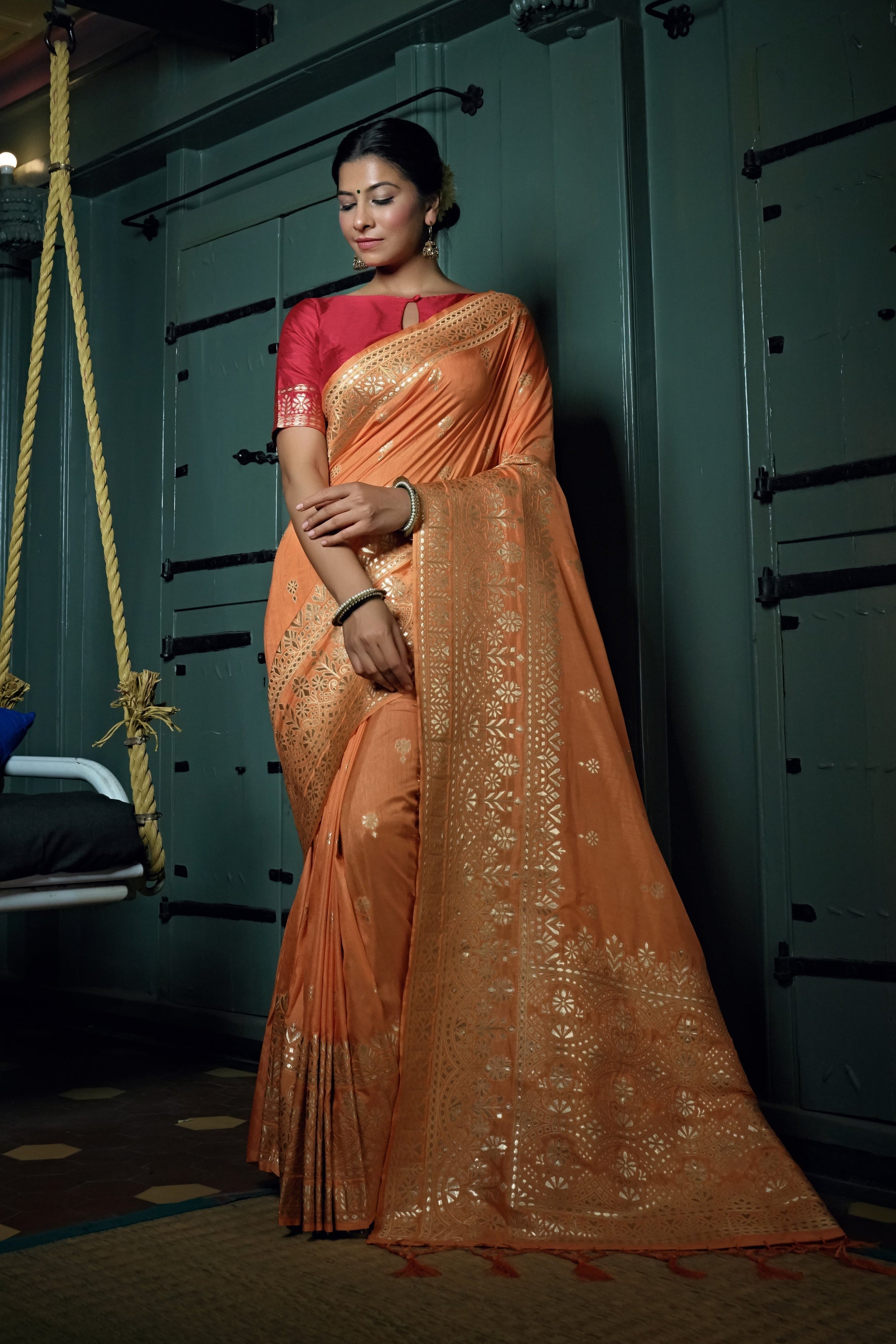 Vardha Coral Orange Golden Zari Banarasi Silk Saree | Swadesiicart