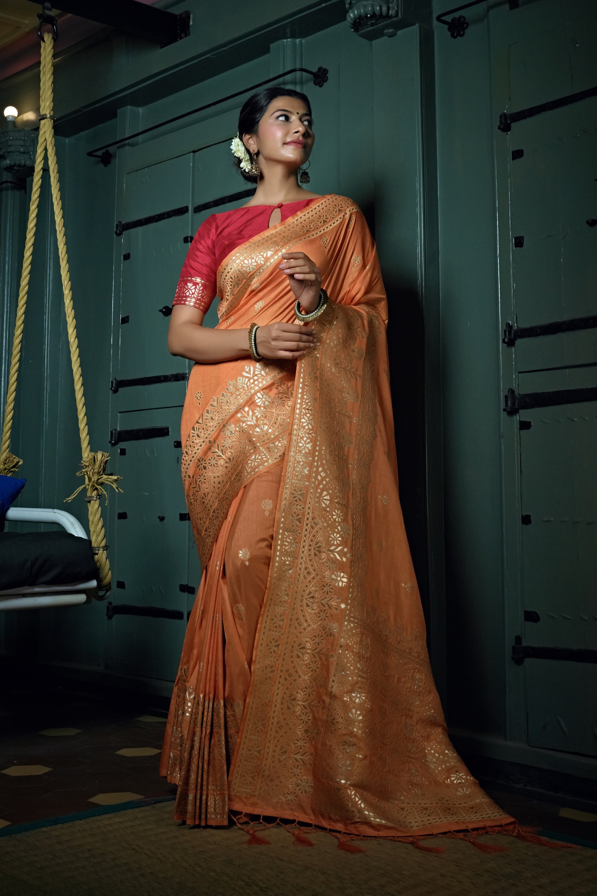Vardha Coral Orange Golden Zari Banarasi Silk Saree | Swadesiicart