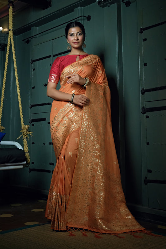 Vardha Coral Orange Golden Zari Banarasi Silk Saree | Swadesiicart