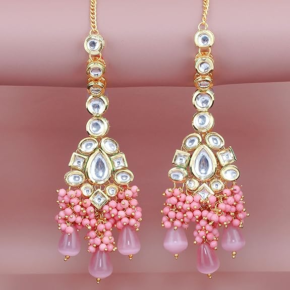Tehzeeb Creations Meenakari Gold-Polished Pink color Uncut dibbi Kundan Combo Necklace Set - Swadesiicart