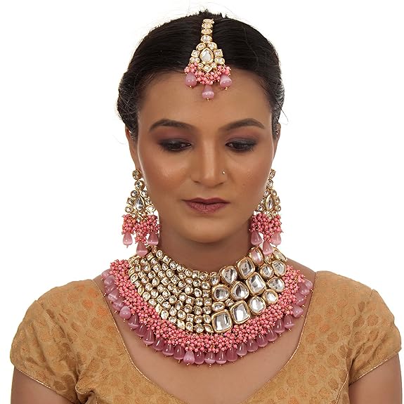 Tehzeeb Creations Meenakari Gold-Polished Pink color Uncut dibbi Kundan Combo Necklace Set - Swadesiicart