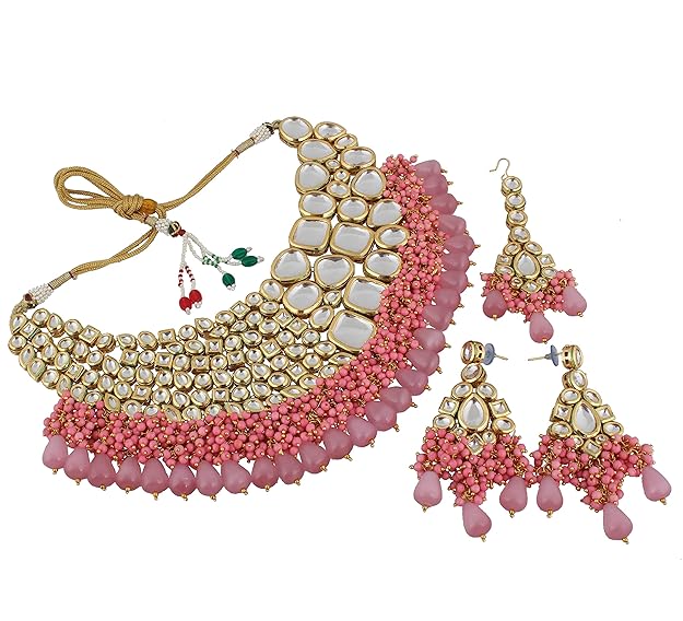 Tehzeeb Creations Meenakari Gold-Polished Pink color Uncut dibbi Kundan Combo Necklace Set - Swadesiicart