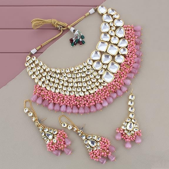 Tehzeeb Creations Meenakari Gold-Polished Pink color Uncut dibbi Kundan Combo Necklace Set - Swadesiicart