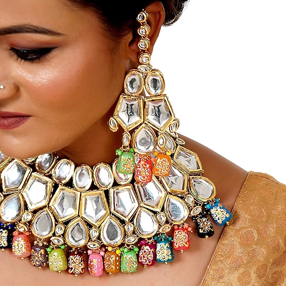 Tehzeeb Creations Back Meenakari Gold-Polished Multicolor Color Tika Earring Jewellery Set Uncut Big Faux Kundan Dibbi Kundan Choker Necklace Set | Swadesiicart