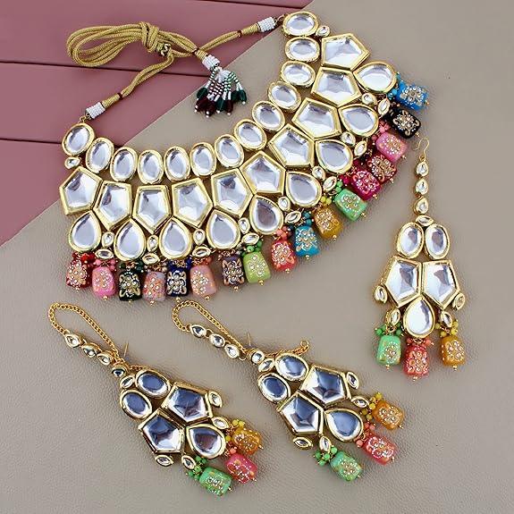 Tehzeeb Creations Back Meenakari Gold-Polished Multicolor Color Tika Earring Jewellery Set Uncut Big Faux Kundan Dibbi Kundan Choker Necklace Set | Swadesiicart