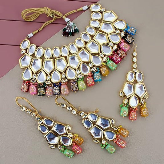 Tehzeeb Creations Back Meenakari Gold-Polished Multicolor Color Tika Earring Jewellery Set Uncut Big Faux Kundan Dibbi Kundan Choker Necklace Set | Swadesiicart