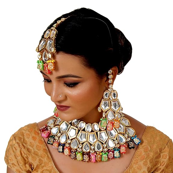 Tehzeeb Creations Back Meenakari Gold-Polished Multicolor Color Tika Earring Jewellery Set Uncut Big Faux Kundan Dibbi Kundan Choker Necklace Set | Swadesiicart