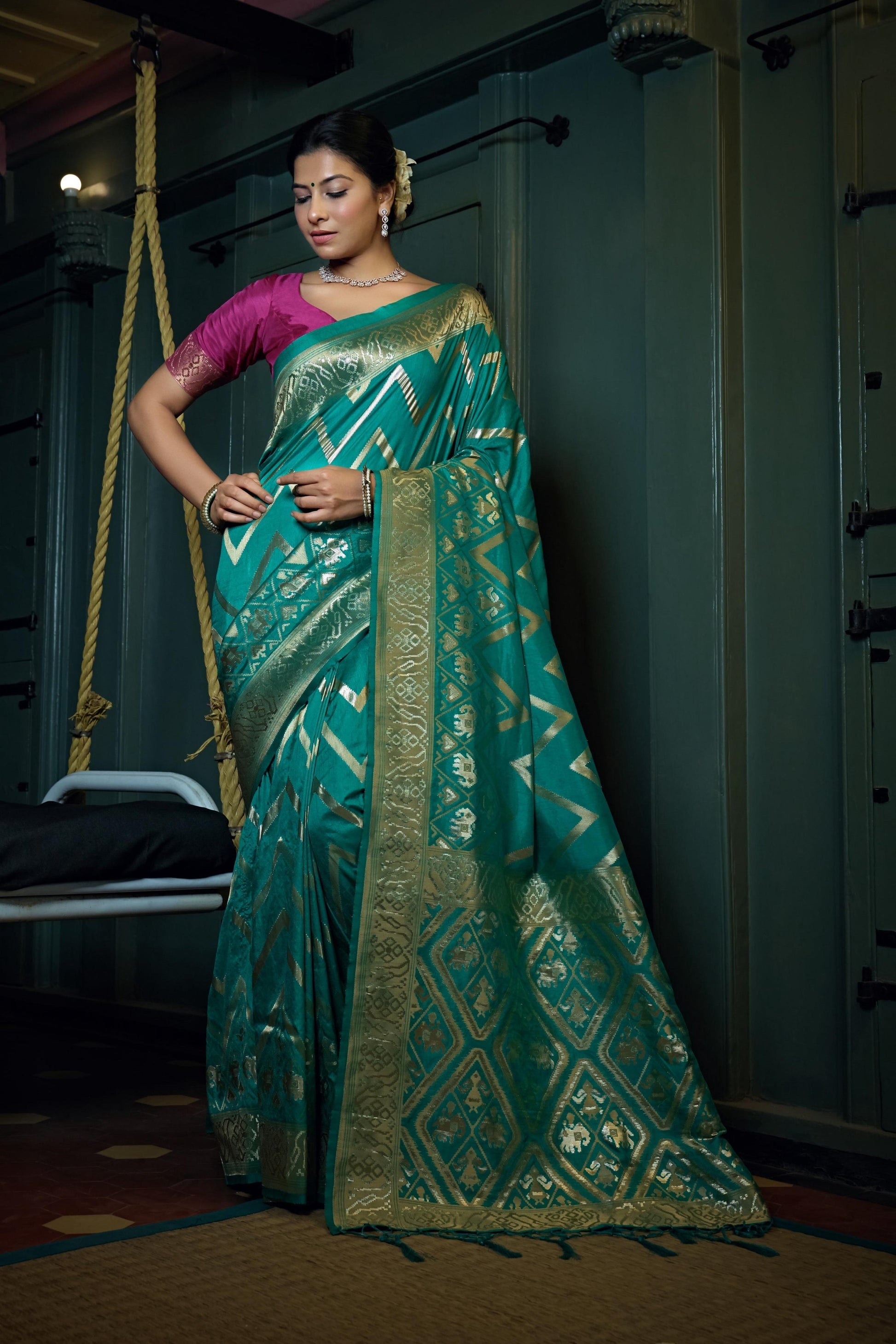 Vardha Tiffany Blue Golden Zari Banarasi Silk Saree | Swadesiicart