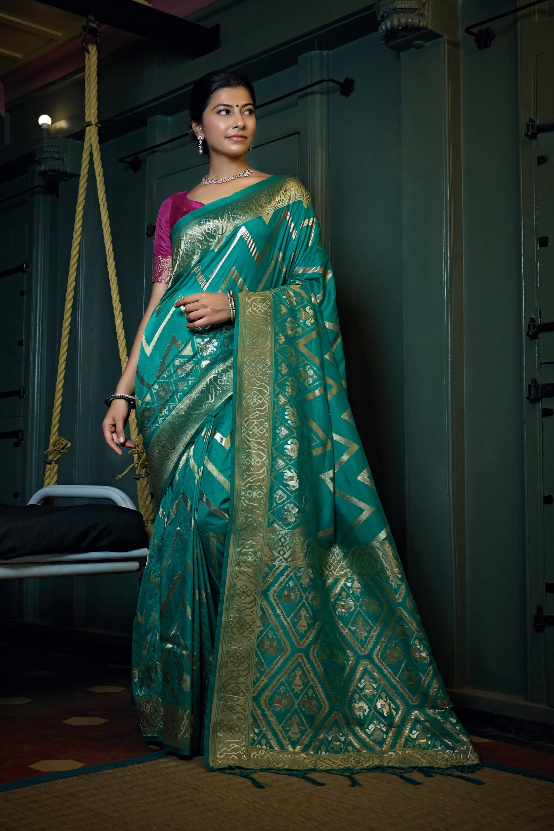 Vardha Tiffany Blue Golden Zari Banarasi Silk Saree | Swadesiicart