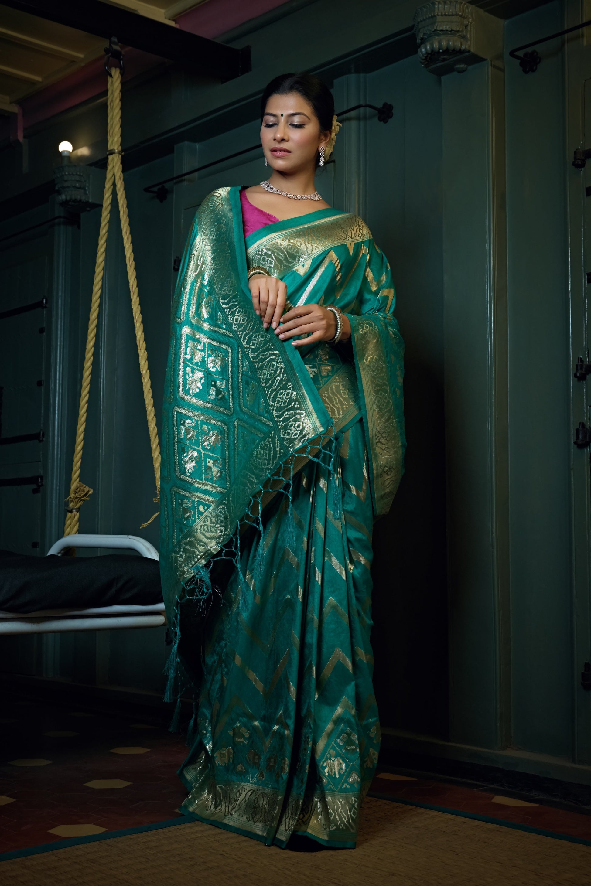 Vardha Tiffany Blue Golden Zari Banarasi Silk Saree | Swadesiicart