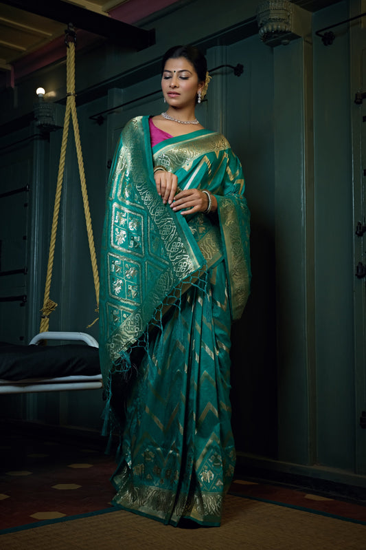 Vardha Tiffany Blue Golden Zari Banarasi Silk Saree | Swadesiicart