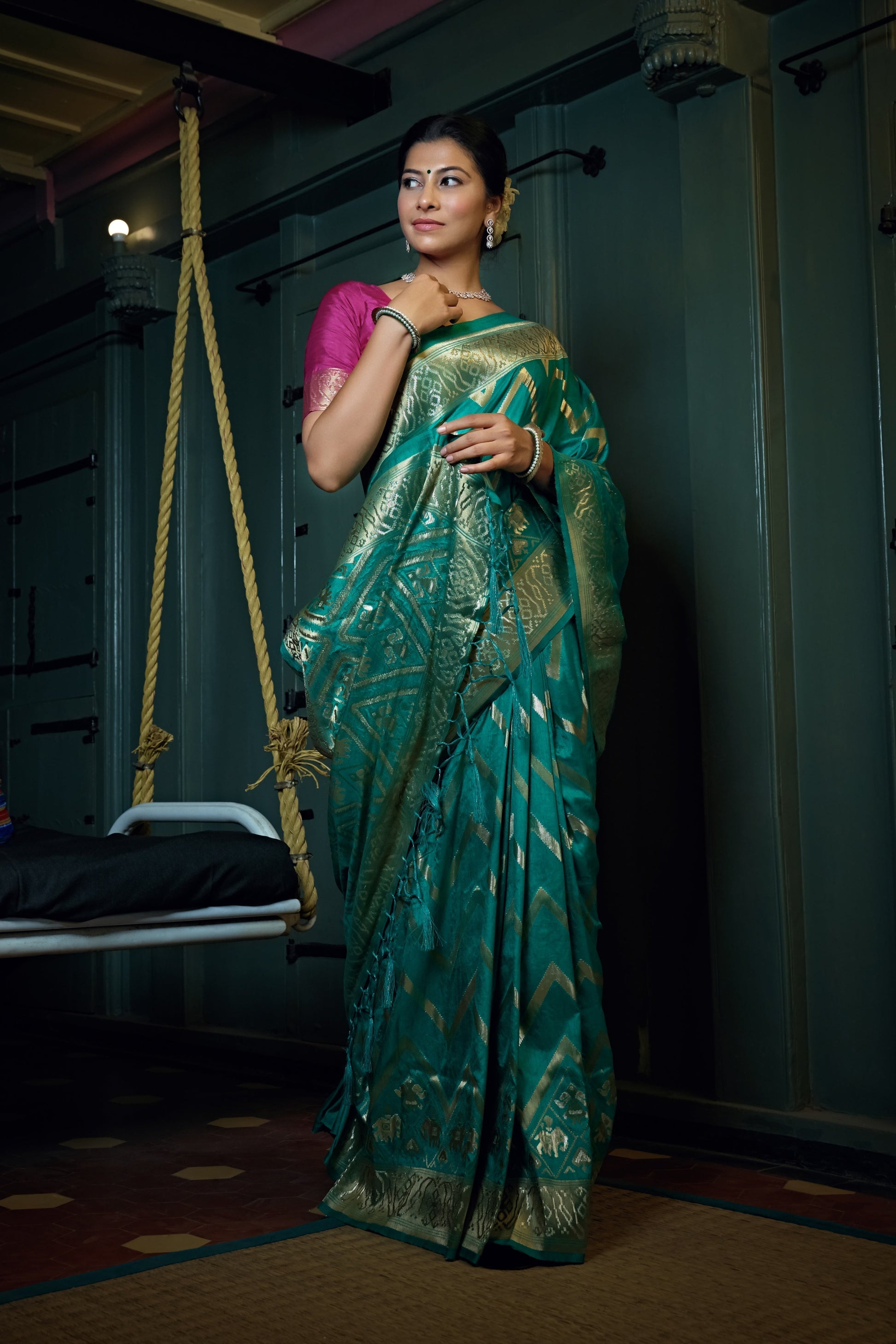 Vardha Tiffany Blue Golden Zari Banarasi Silk Saree | Swadesiicart