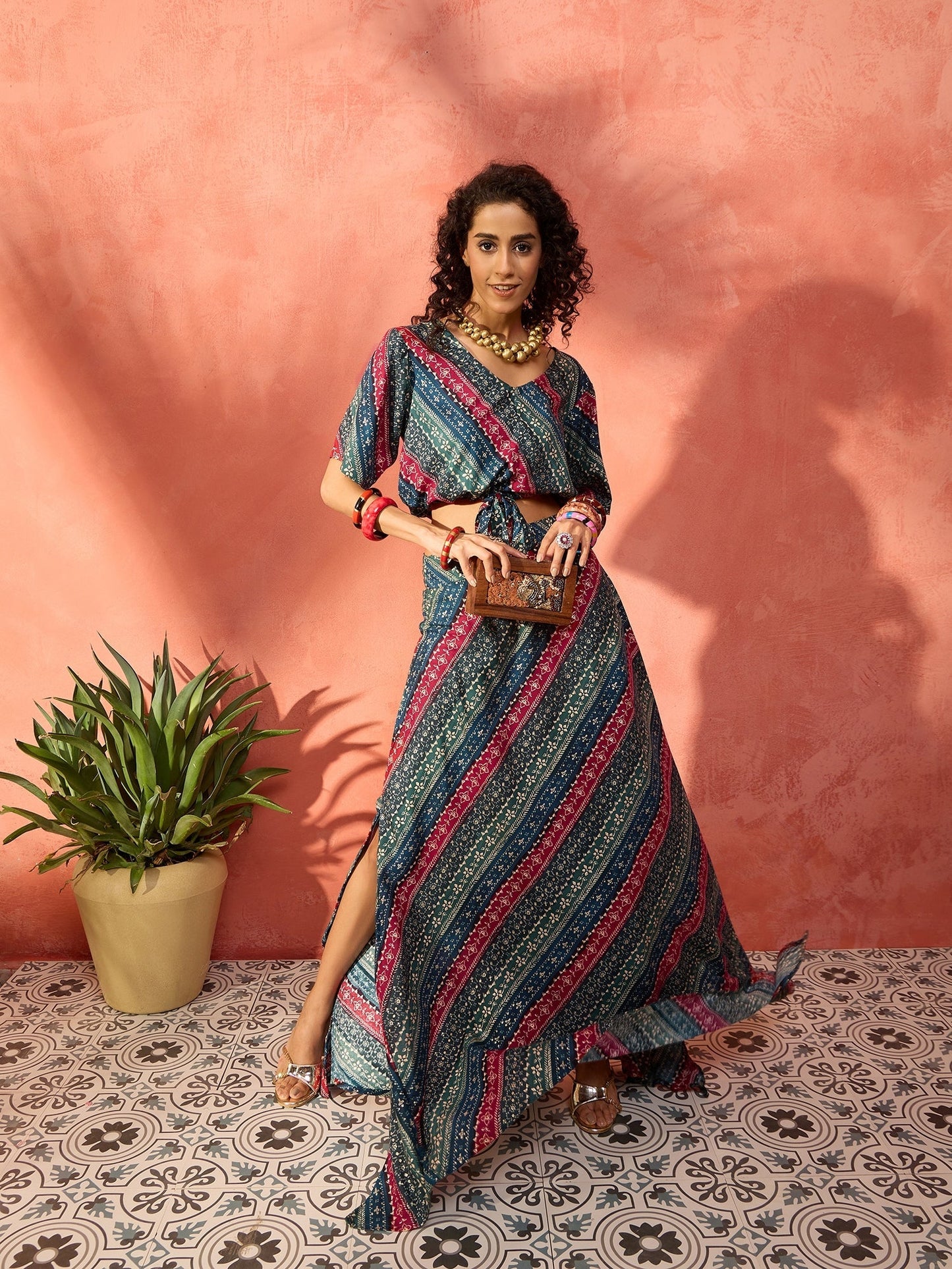 InWeave Teal Hunter Batik Floral Foil Waist Tie-Up Co Ord Set - Swadesiicart
