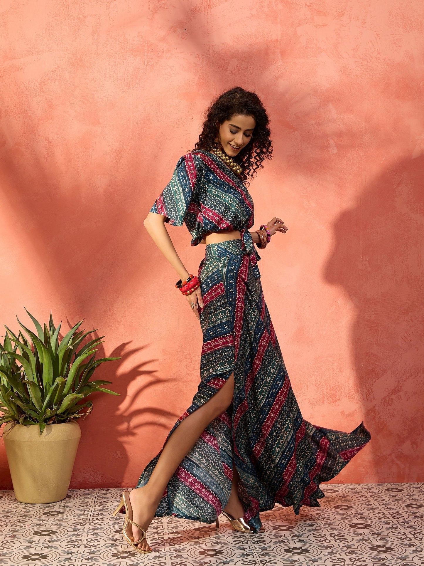 InWeave Teal Hunter Batik Floral Foil Waist Tie-Up Co Ord Set - Swadesiicart