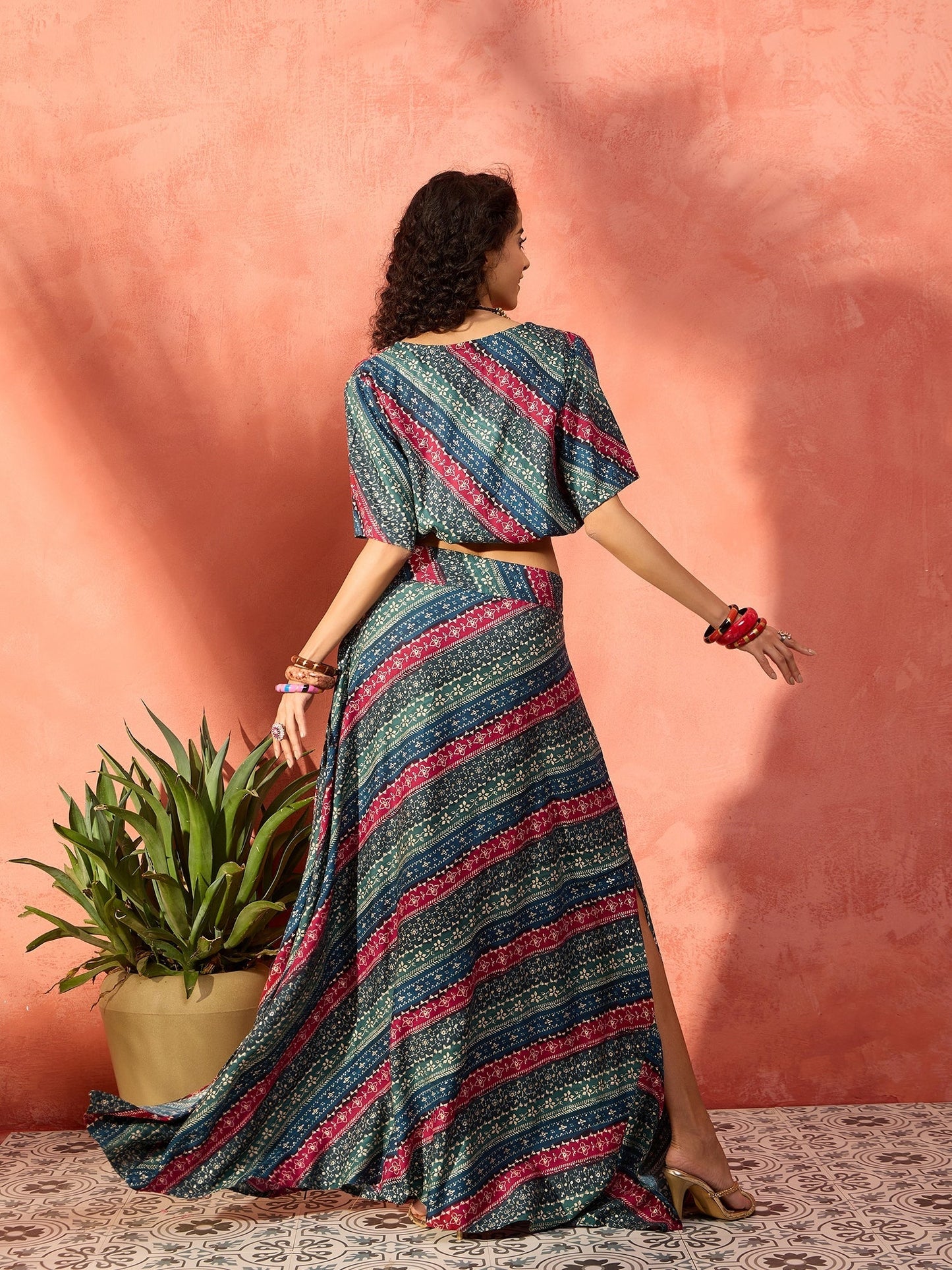 InWeave Teal Hunter Batik Floral Foil Waist Tie-Up Co Ord Set - Swadesiicart