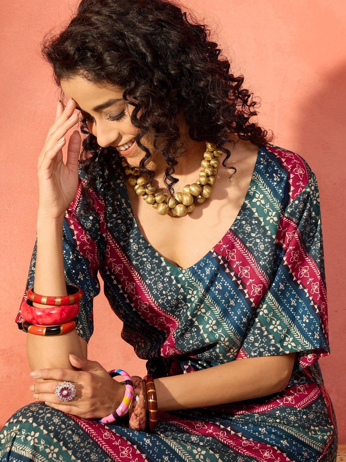 InWeave Teal Hunter Batik Floral Foil Waist Tie-Up Co Ord Set - Swadesiicart