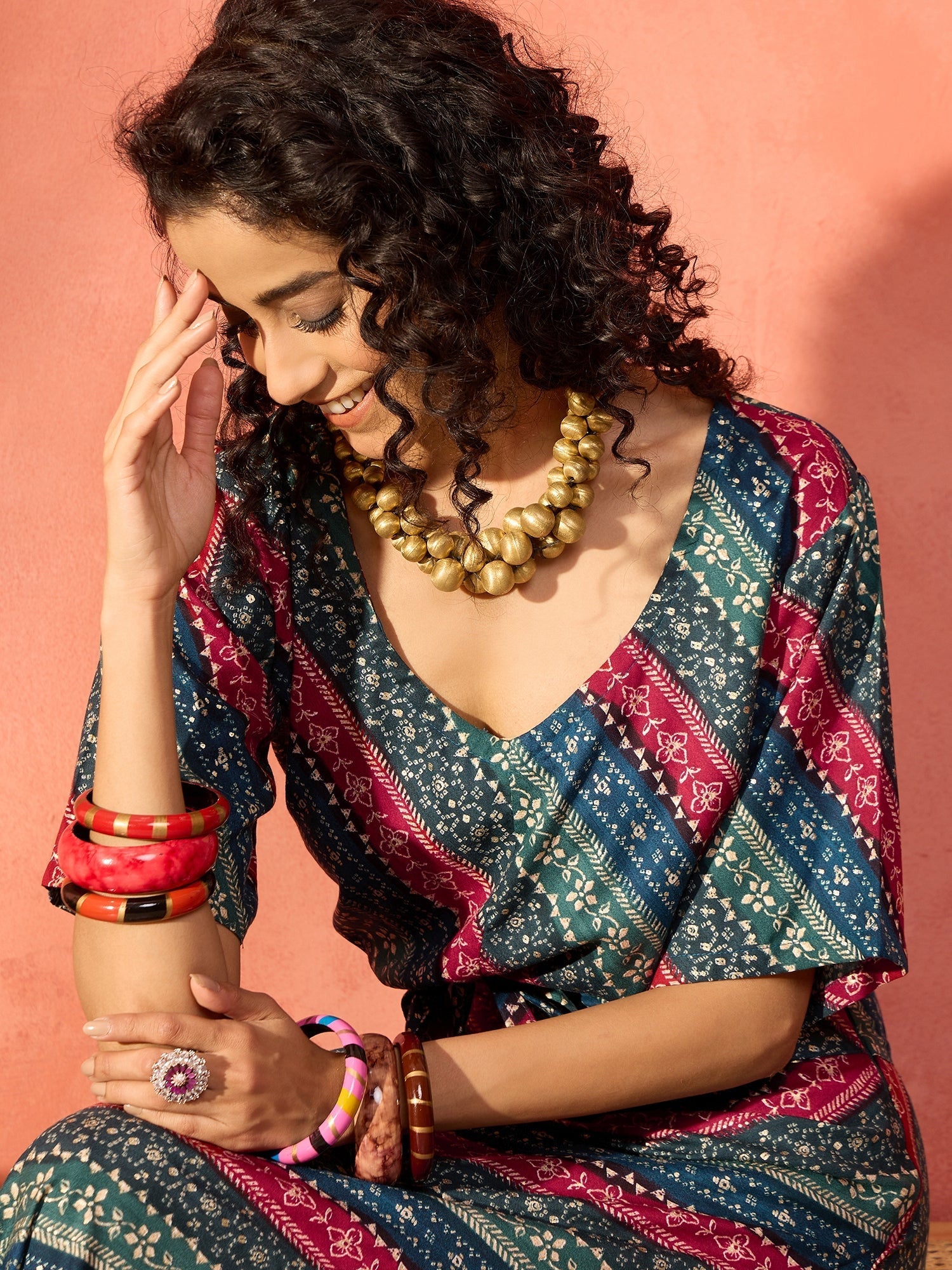 InWeave Teal Hunter Batik Floral Foil Waist Tie-Up Co Ord Set - Swadesiicart