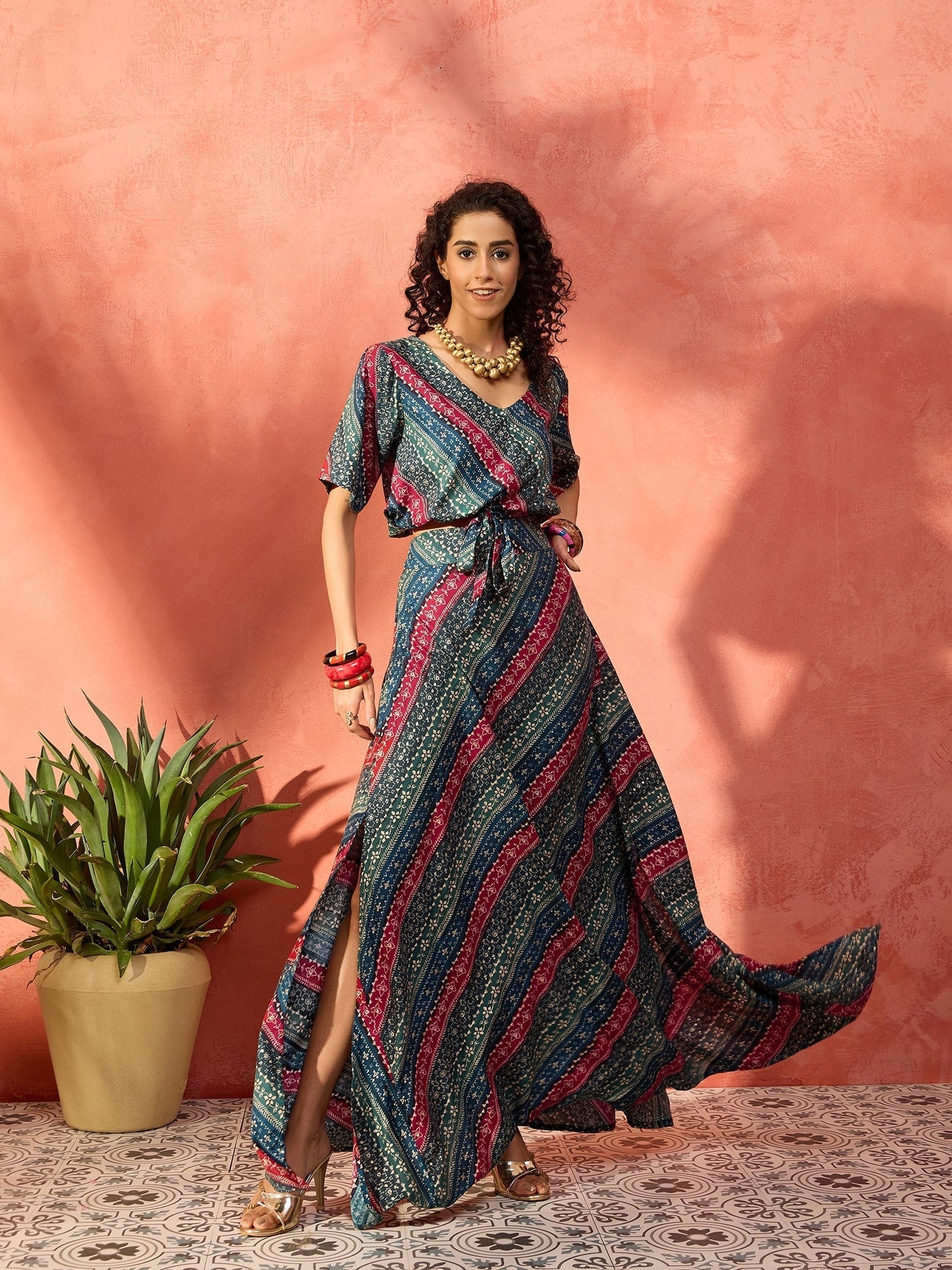 InWeave Teal Hunter Batik Floral Foil Waist Tie-Up Co Ord Set - Swadesiicart