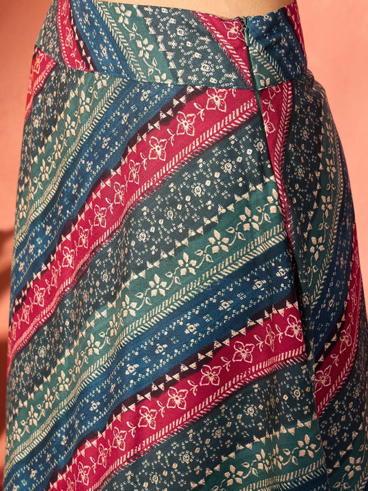 InWeave Teal Hunter Batik Floral Foil Waist Tie-Up Co Ord Set - Swadesiicart