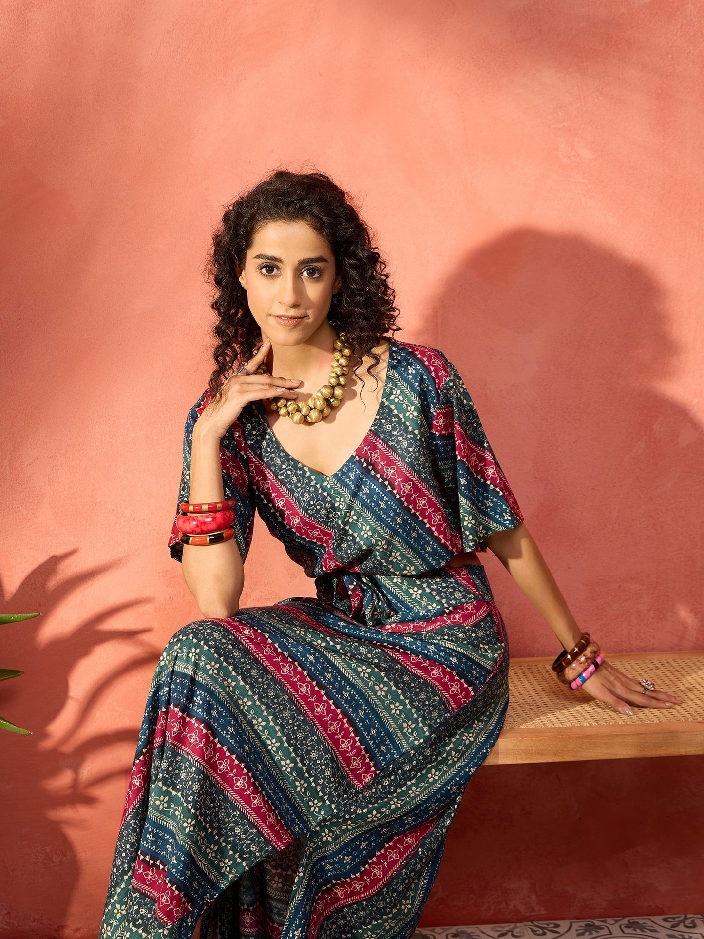 InWeave Teal Hunter Batik Floral Foil Waist Tie-Up Co Ord Set - Swadesiicart