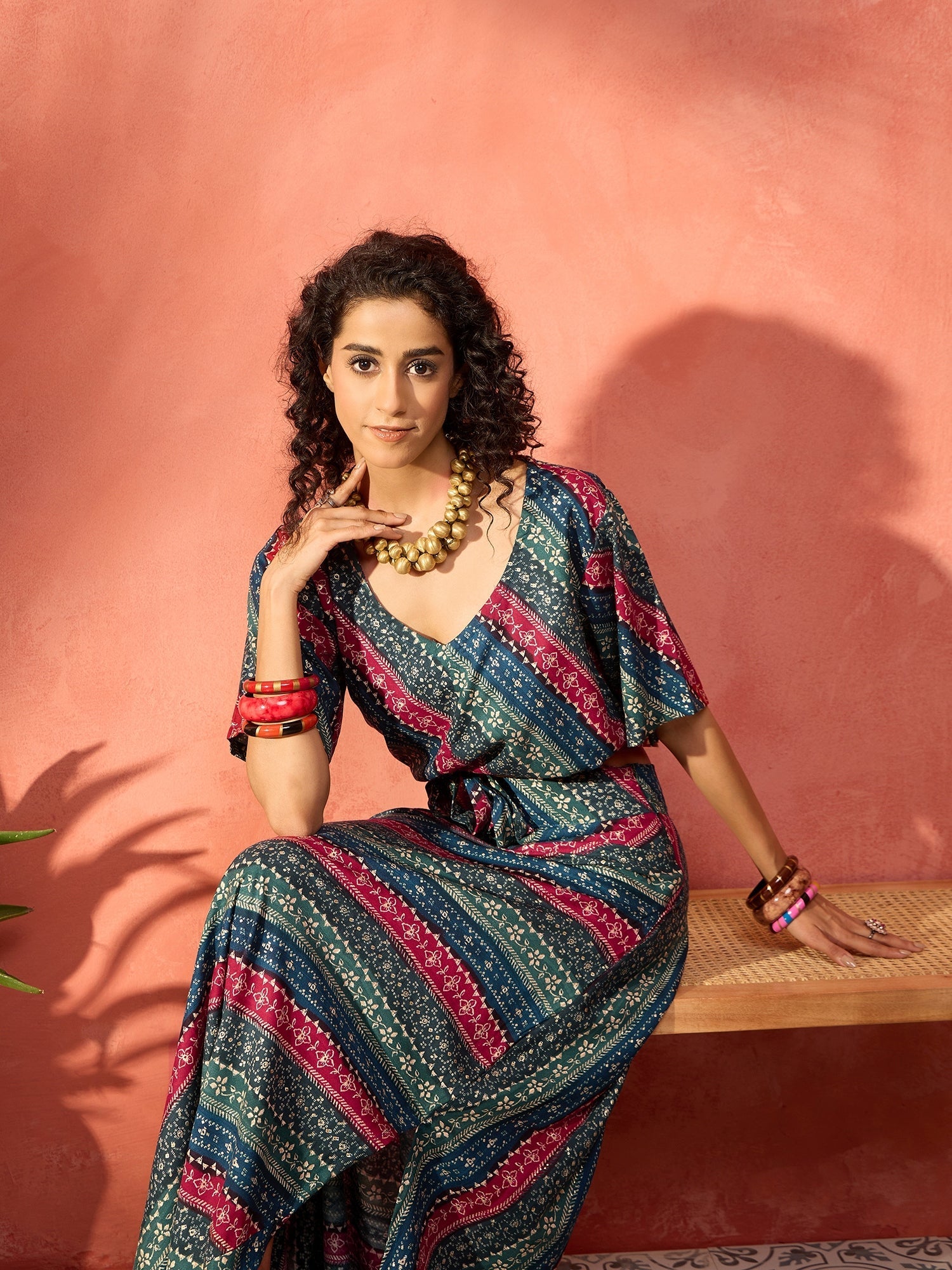 InWeave Teal Hunter Batik Floral Foil Waist Tie-Up Co Ord Set - Swadesiicart