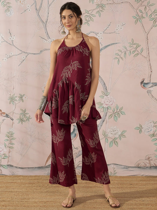 InWeave Dark Maroon Leaf Halter Strappy Set - Swadesiicart