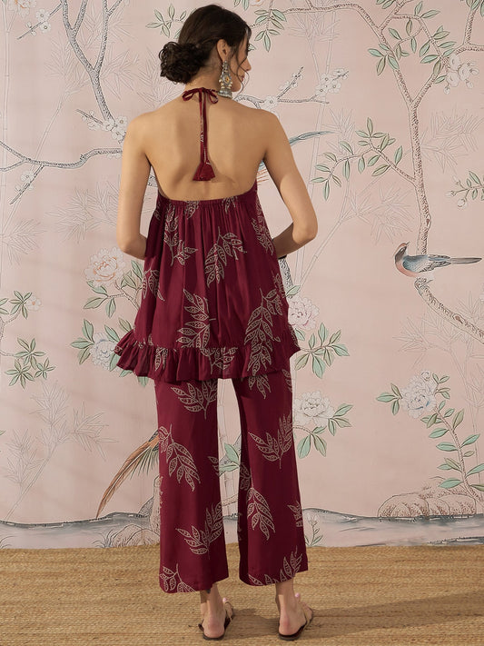 InWeave Dark Maroon Leaf Halter Strappy Set - Swadesiicart