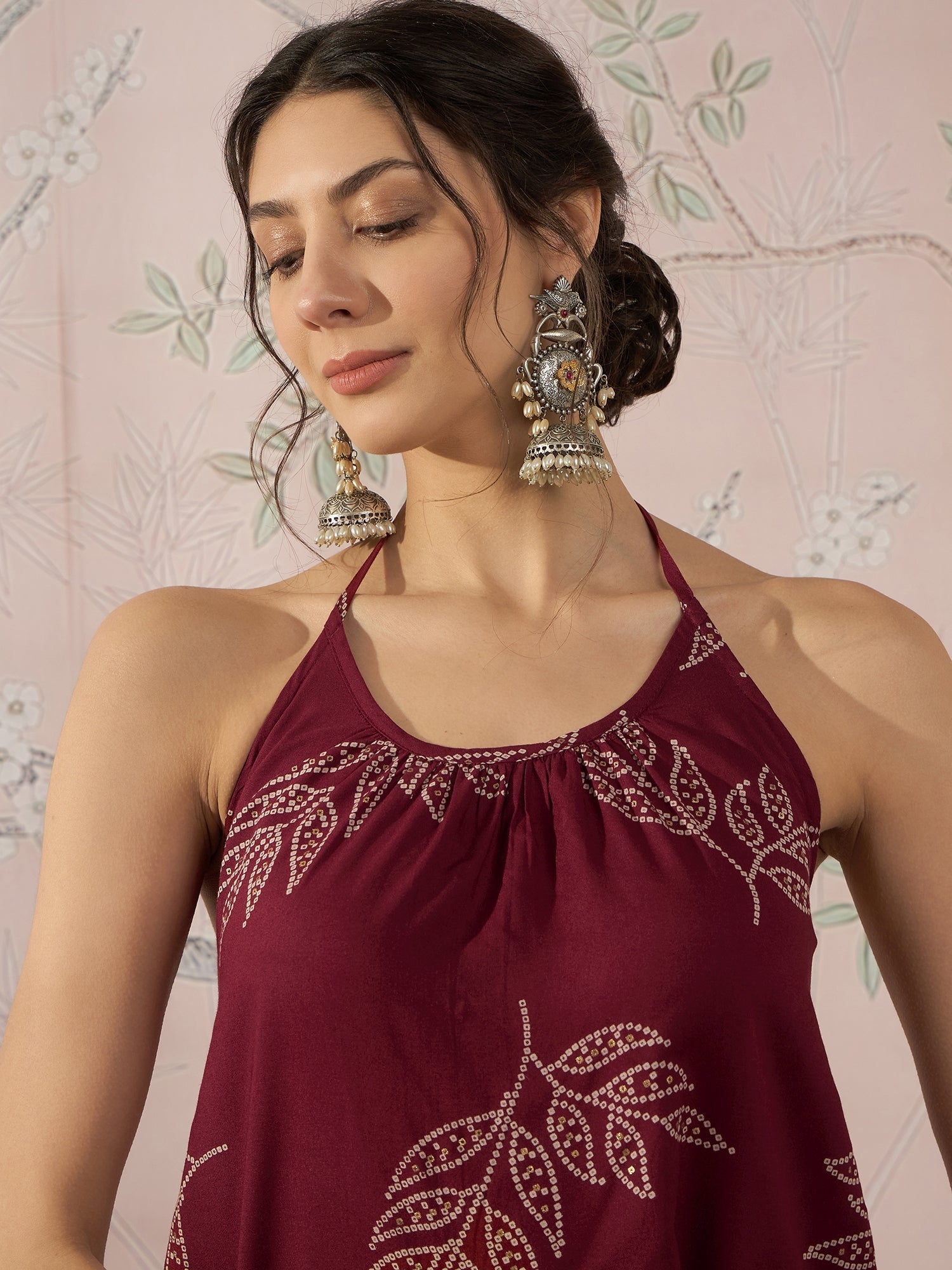 InWeave Dark Maroon Leaf Halter Strappy Set - Swadesiicart