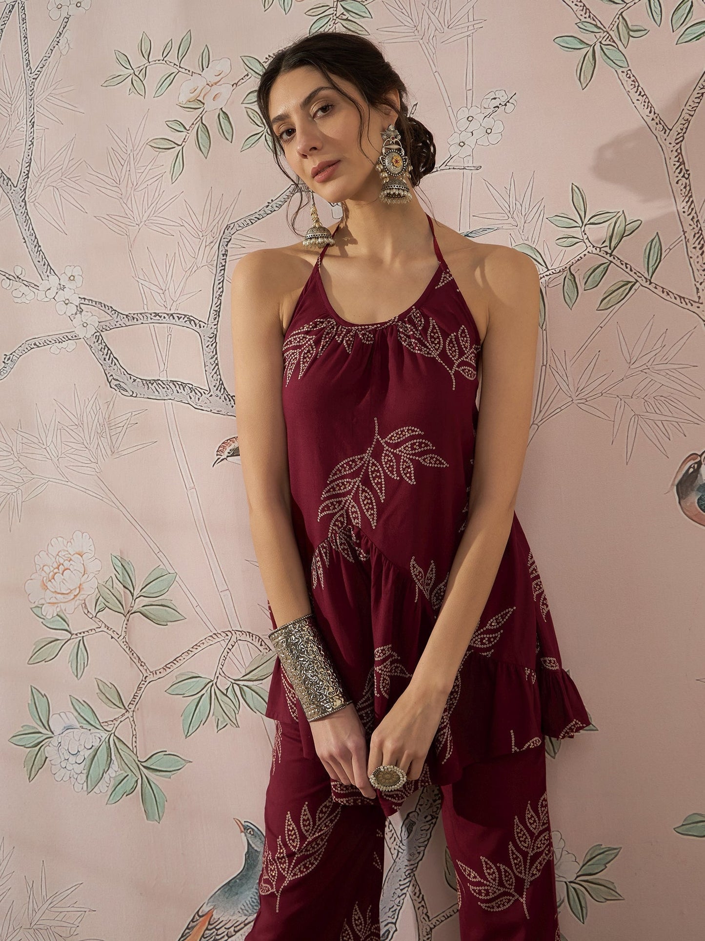 InWeave Dark Maroon Leaf Halter Strappy Set - Swadesiicart