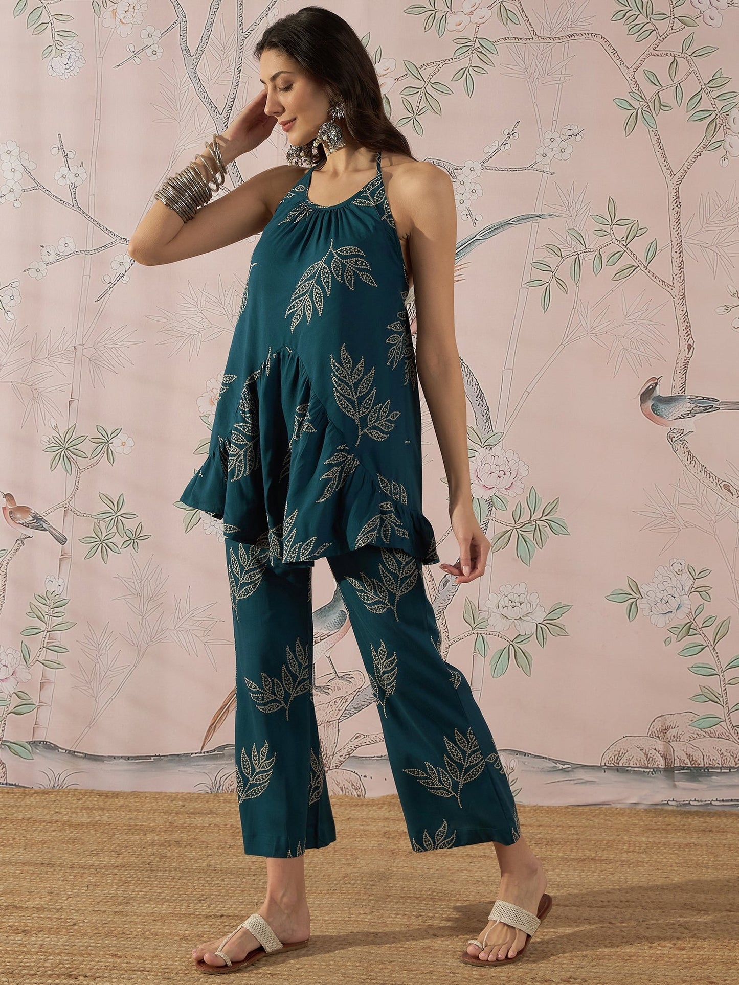 InWeave Dark Teal Leaf Halter Strappy Set - Swadesiicart