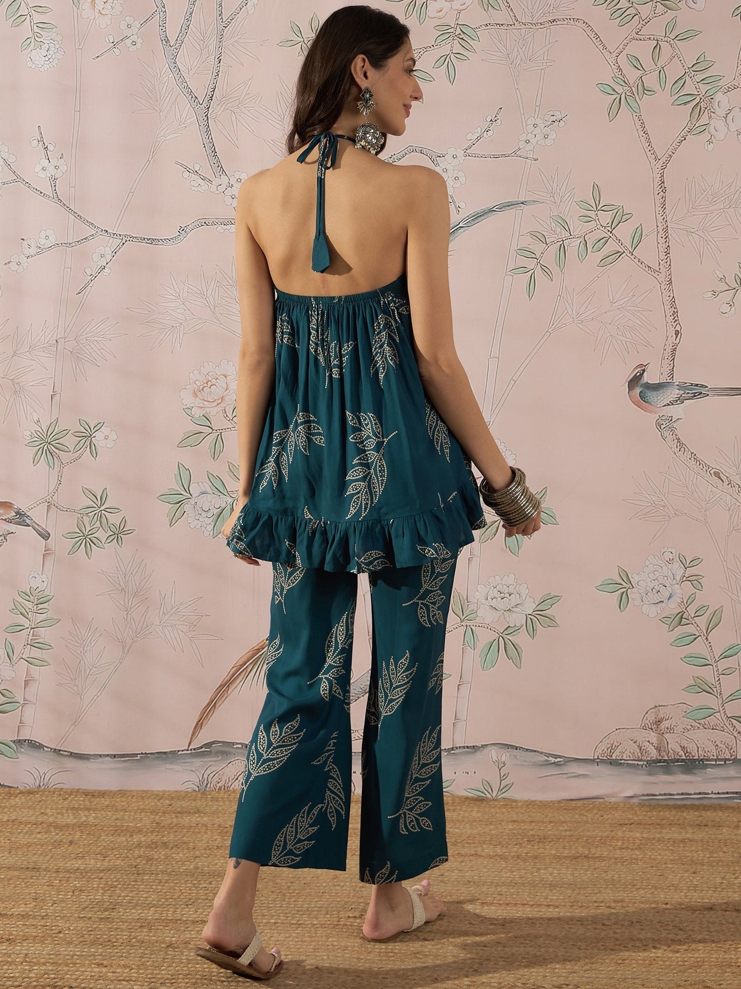 InWeave Dark Teal Leaf Halter Strappy Set - Swadesiicart