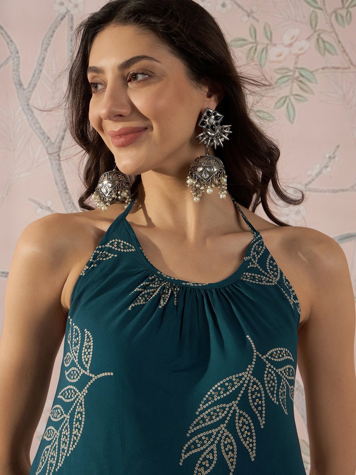 InWeave Dark Teal Leaf Halter Strappy Set - Swadesiicart