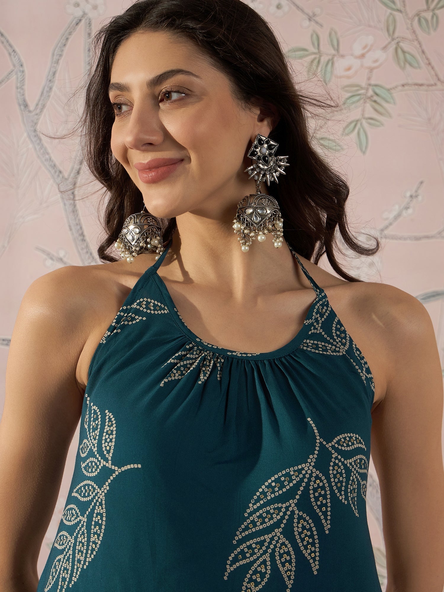 InWeave Dark Teal Leaf Halter Strappy Set - Swadesiicart