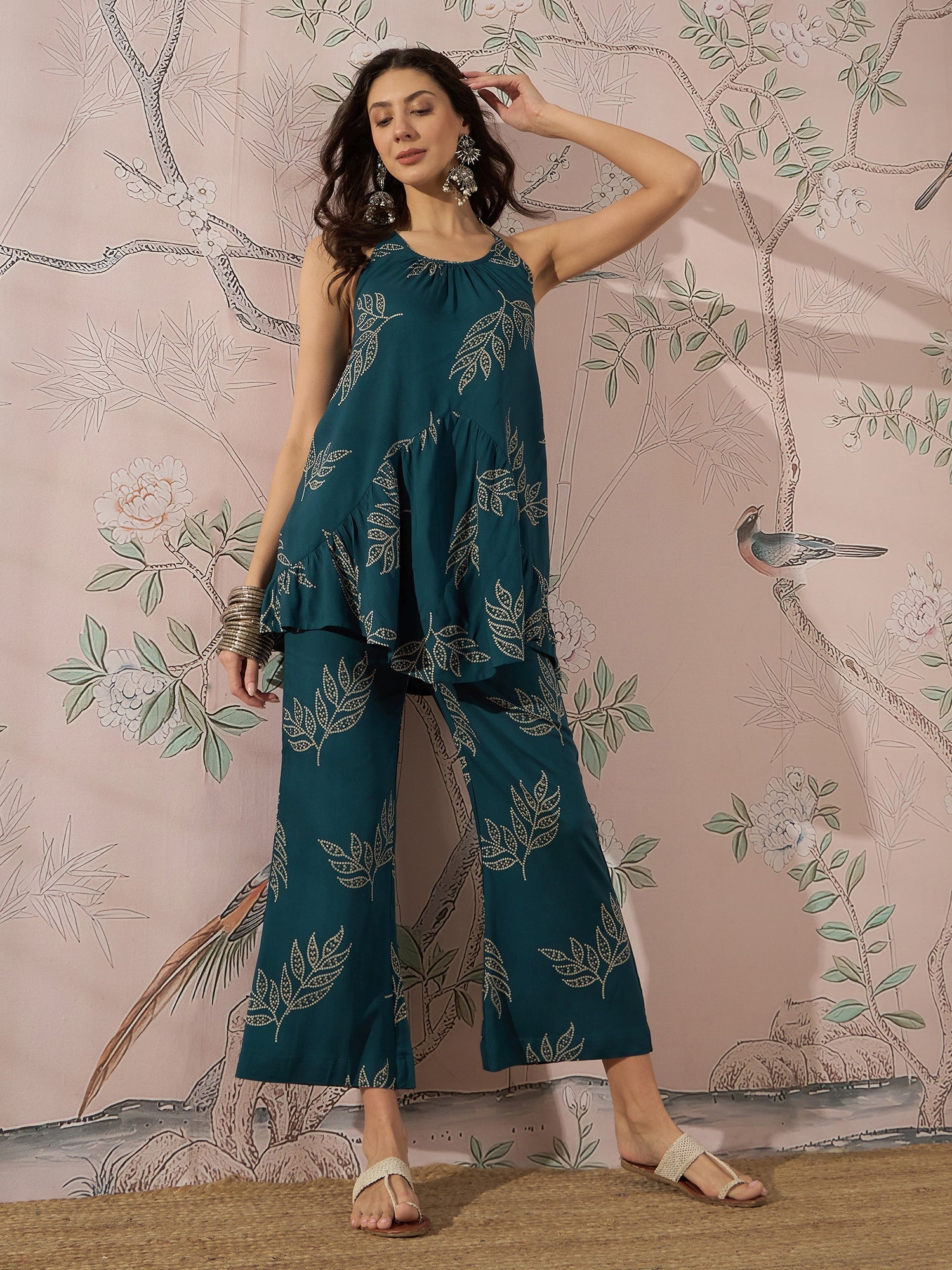 InWeave Dark Teal Leaf Halter Strappy Set - Swadesiicart