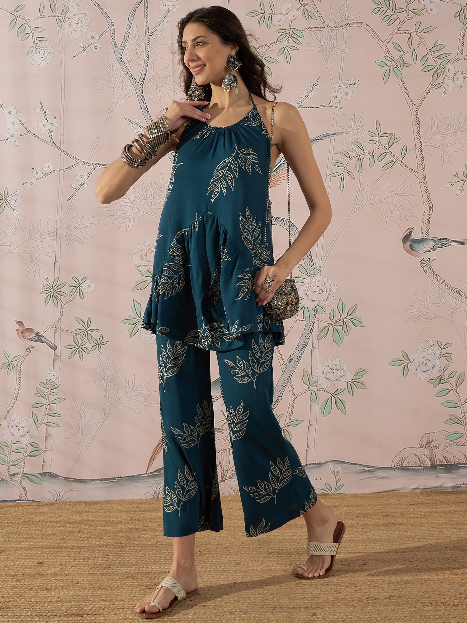 InWeave Dark Teal Leaf Halter Strappy Set - Swadesiicart