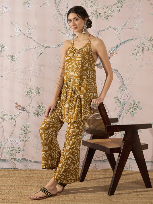 InWeave Dark Yellow Ethnic Halter Strappy Set - Swadesiicart