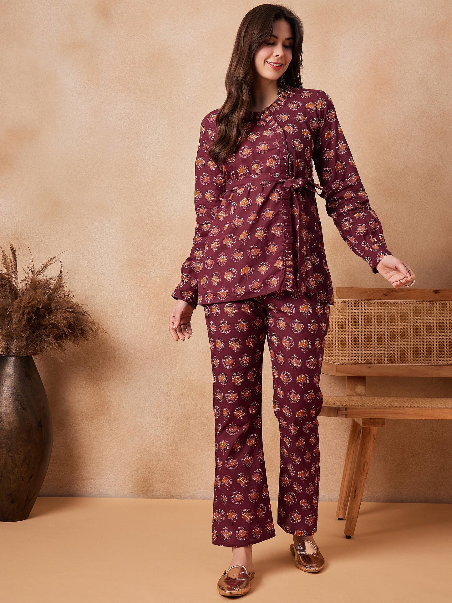 InWeave Burgundy Floral Boota Co Ord Set With Belt - Swadesiicart
