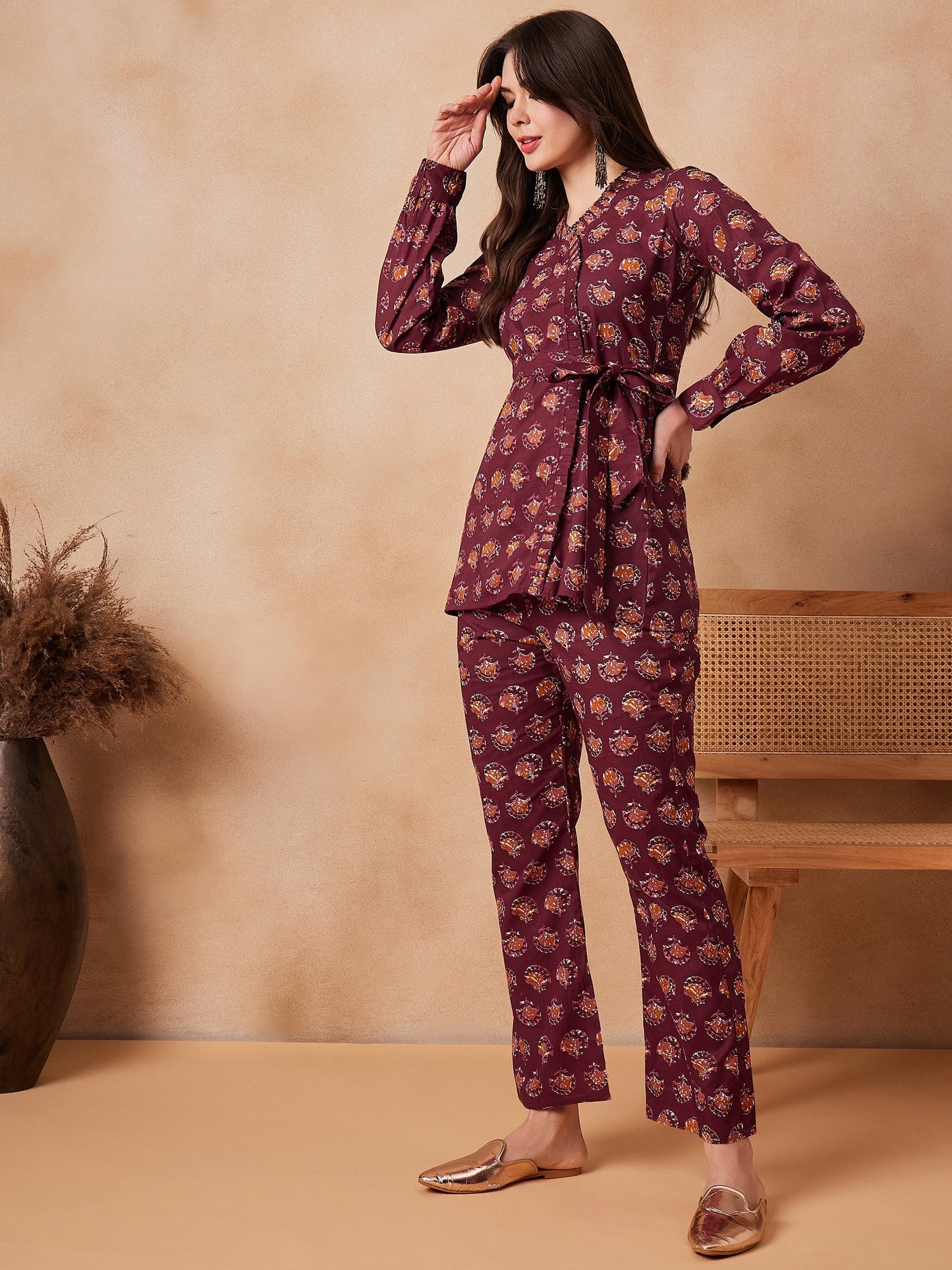 InWeave Burgundy Floral Boota Co Ord Set With Belt - Swadesiicart