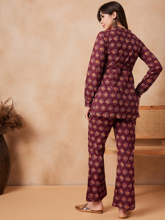 InWeave Burgundy Floral Boota Co Ord Set With Belt - Swadesiicart