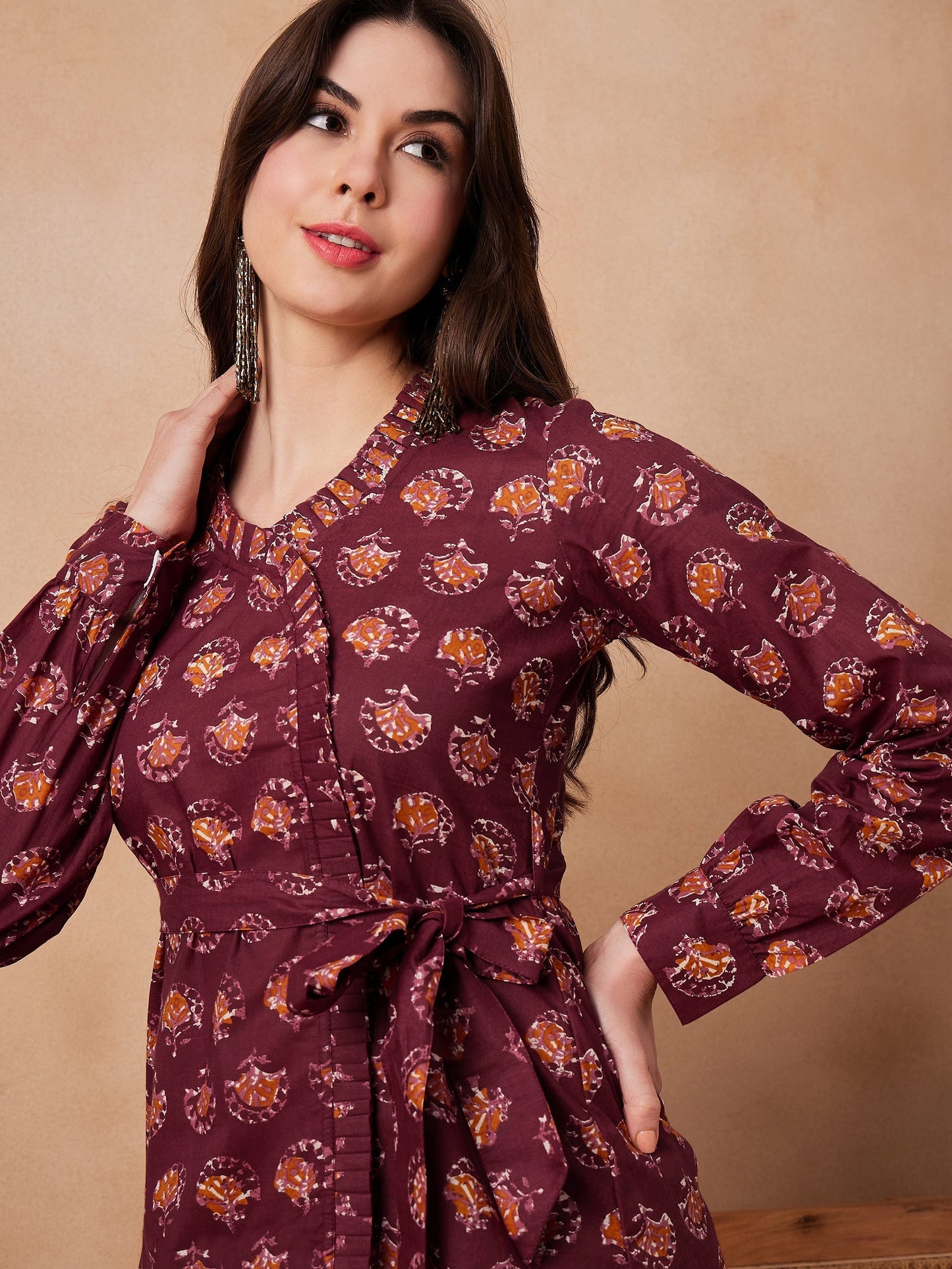 InWeave Burgundy Floral Boota Co Ord Set With Belt - Swadesiicart