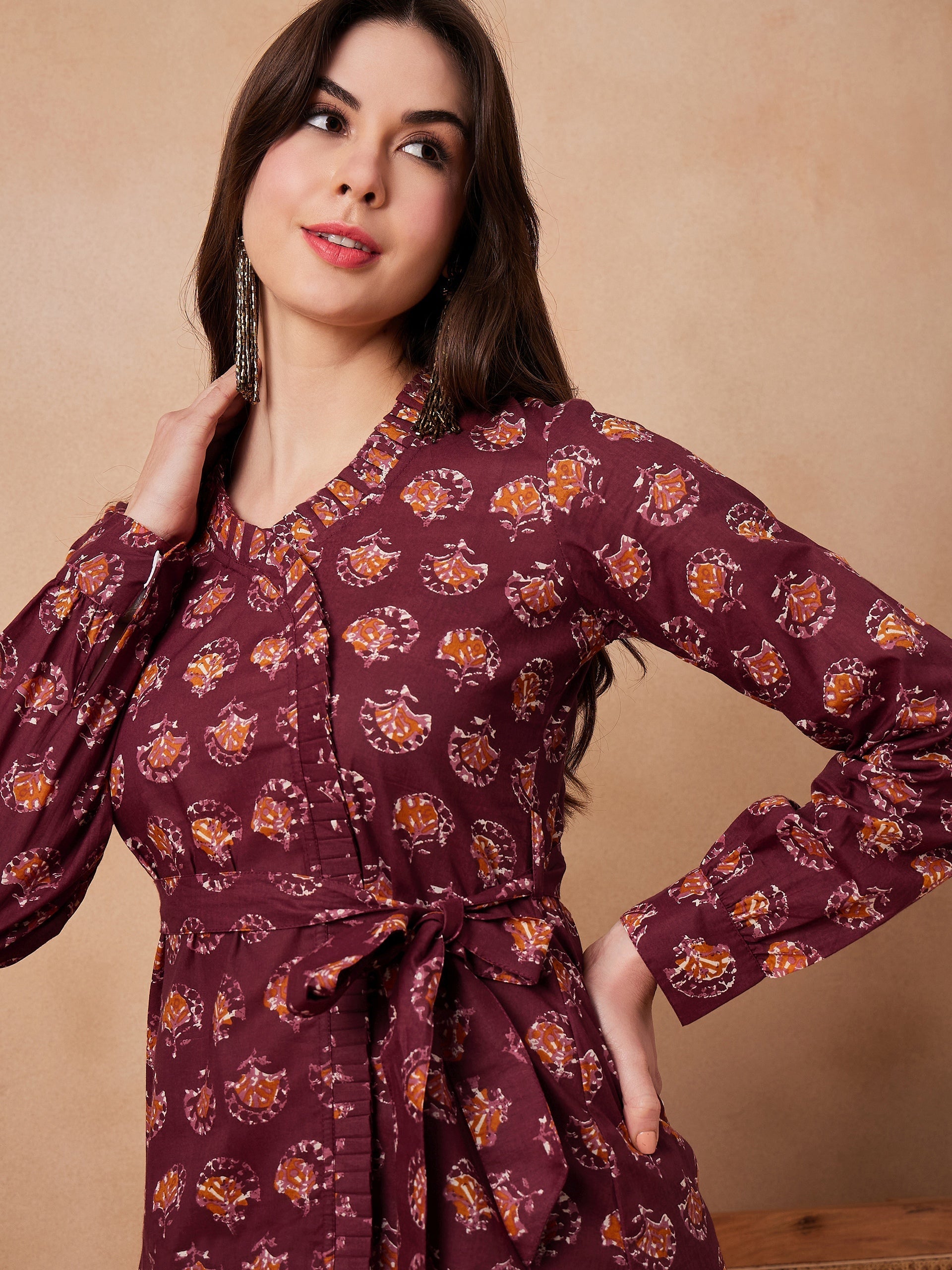 InWeave Burgundy Floral Boota Co Ord Set With Belt - Swadesiicart