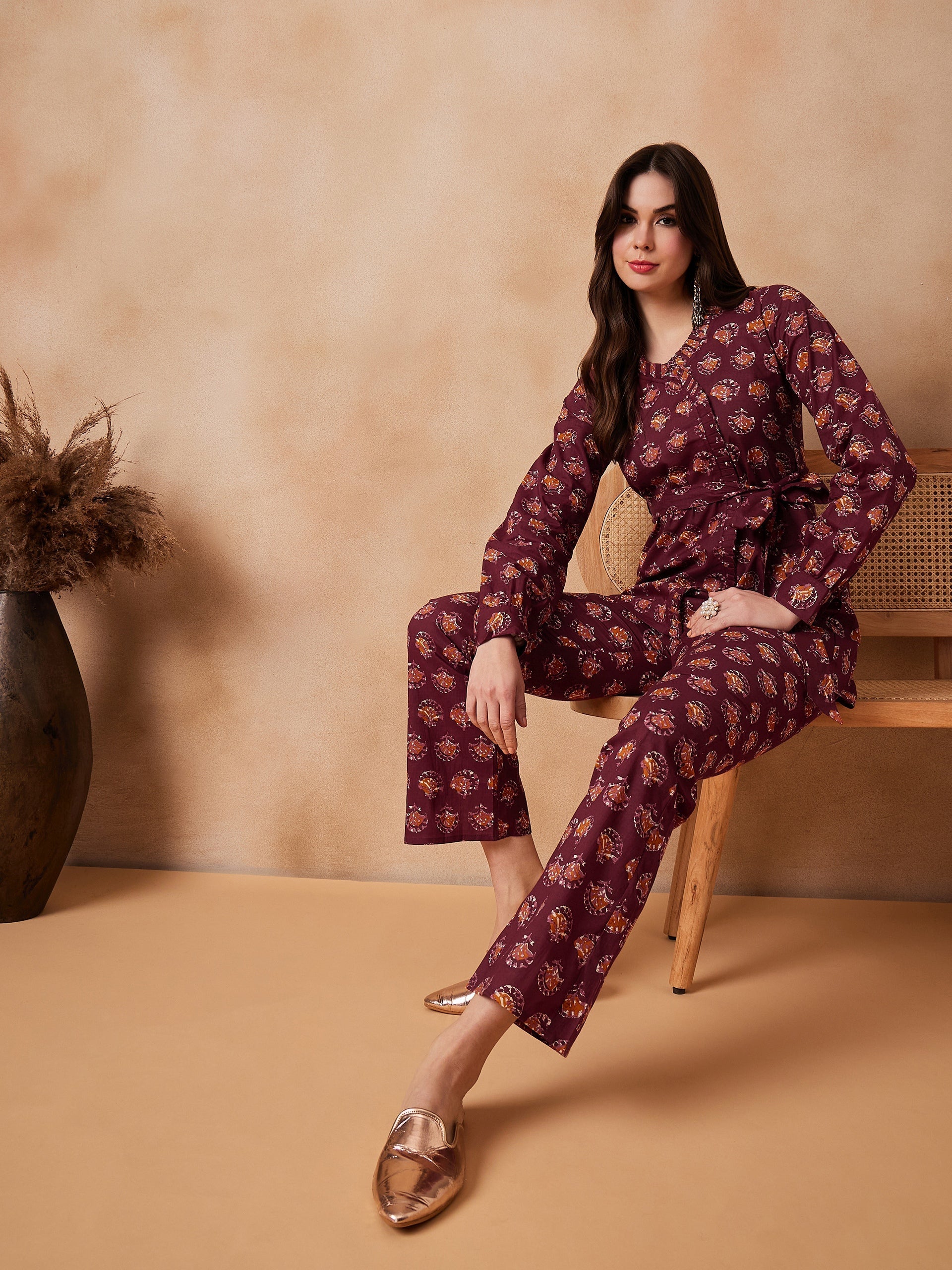 InWeave Burgundy Floral Boota Co Ord Set With Belt - Swadesiicart