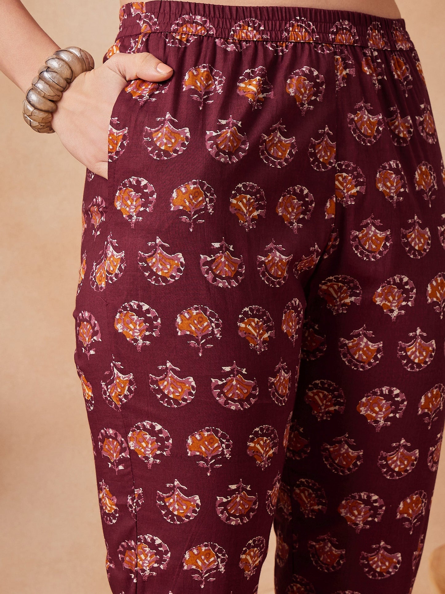 InWeave Burgundy Floral Boota Co Ord Set With Belt - Swadesiicart